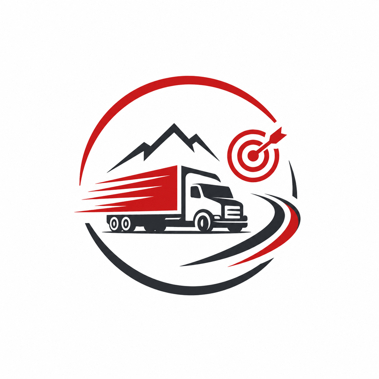 Logo-style image of a red and black delivery truck speeding past stylized mountains, with a bullseye target on the right inside a circular swoosh