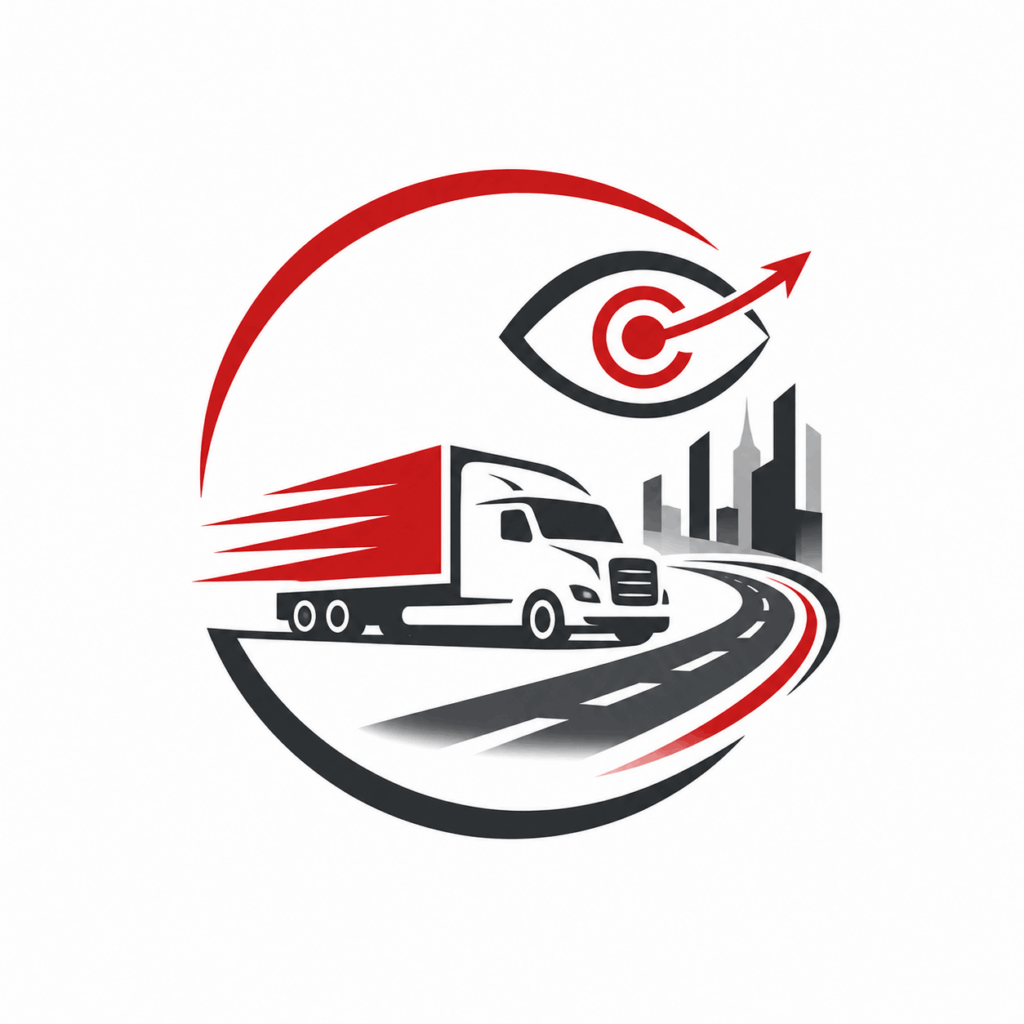 Logo featuring a speeding red and black semi-truck on a curved road toward a city skyline, enclosed by a circular red arc and an eye/target motif with an upward arrow.