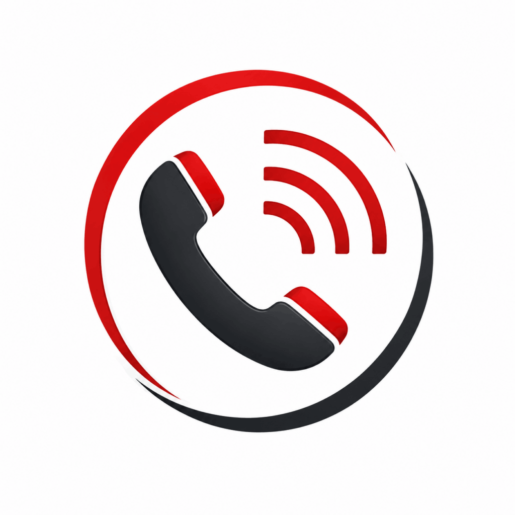 Circular badge featuring a black telephone handset with red Wi‑Fi signal arcs inside, symbolizing contact or call support.