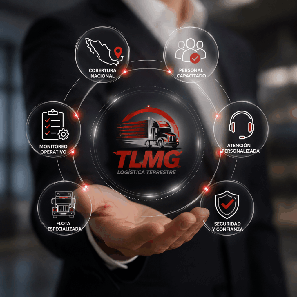 Central TLMC Logistics hub with six surrounding service icons: national coverage, trained personnel, personalized attention, operational monitoring, specialized fleet, and security and trust (glowing circular diagram held by hands).