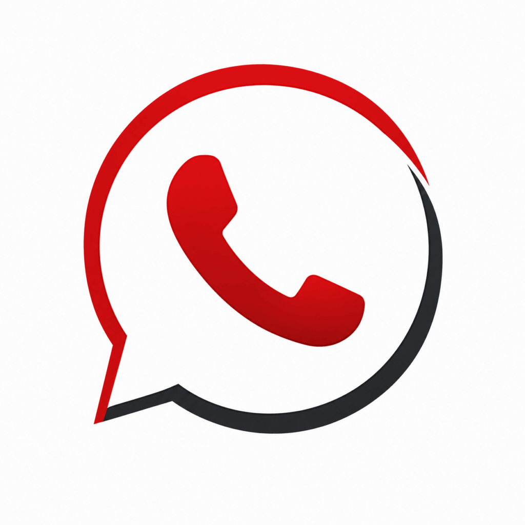 Red and black chat bubble icon with a phone receiver, signaling a call/contact feature.